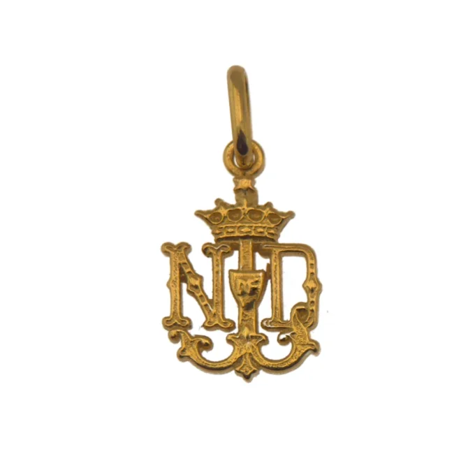 Pendentif Hospitalité Notre-Dame de Lourdes – Monogramme ND couronné – Plaqué or 18 carats – 10 mm