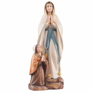 Statue en bois coloré de l’Apparition de Lourdes – Vierge Marie et Bernadette sculptées à la main