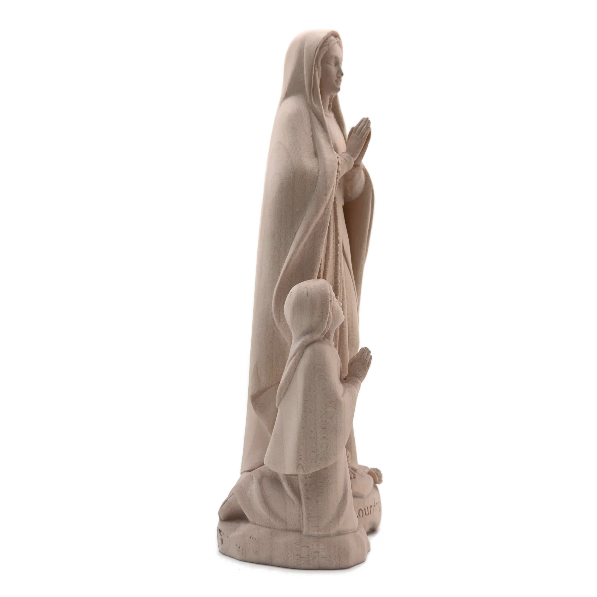 Statue en bois naturel de l’Apparition de Lourdes – Vierge Marie et Bernadette sculptées à la main – Image 2