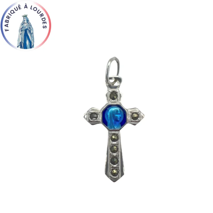 Croix Vierge Marie en Argent 925 – Émail grand feu bleu et marcassites