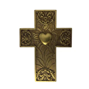 Croix votive dorée – Cœur central et motifs floraux – 13 cm