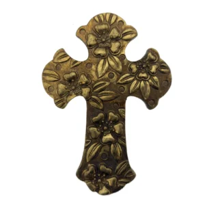 Croix votive florale dorée – Motifs de fleurs en relief – 15 cm