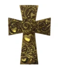 Croix dorée votive – motifs de cœurs et arabesques – 15 cm