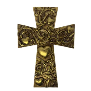 Croix dorée votive – motifs de cœurs et arabesques – 15 cm