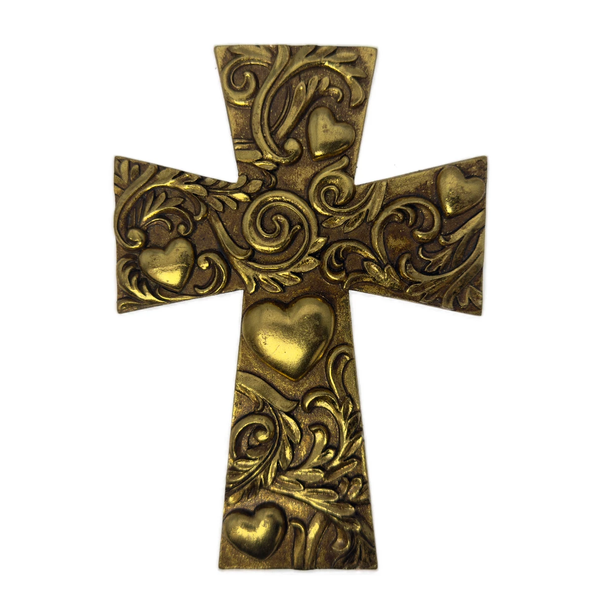 Croix dorée votive – motifs de cœurs et arabesques – 15 cm