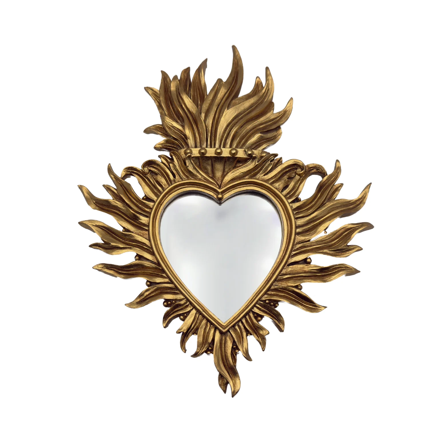 Ex-voto miroir cœur flamboyant doré – Style baroque religieux – 26 cm