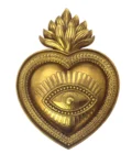 Ex-voto doré avec œil rayonnant – Cœur flamme – 22 cm