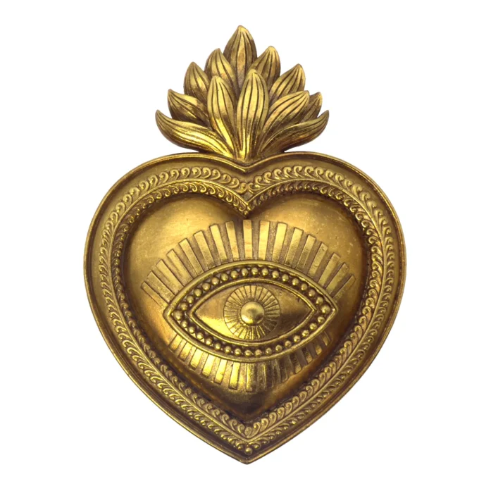 Ex-voto doré avec œil rayonnant – Cœur flamme – 22 cm