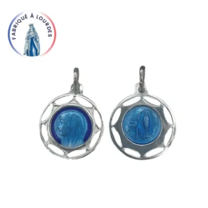 Médaille ronde double face Vierge et Apparition – Argent 925 – Émail grand feu bleu deux tons – 18 mm – Fabriquée à Lourdes