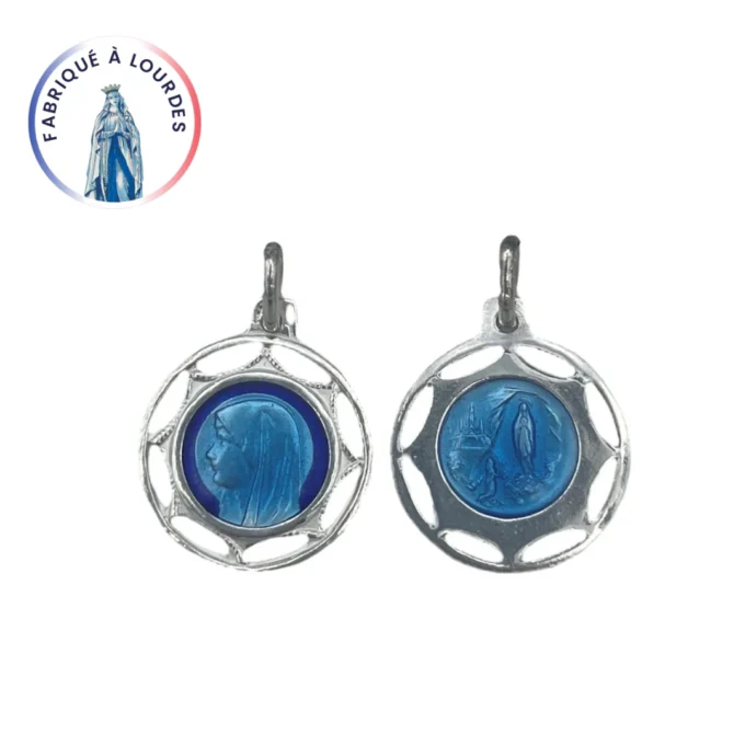 Médaille ronde double face Vierge et Apparition – Argent 925 – Émail grand feu bleu deux tons – 18 mm – Fabriquée à Lourdes