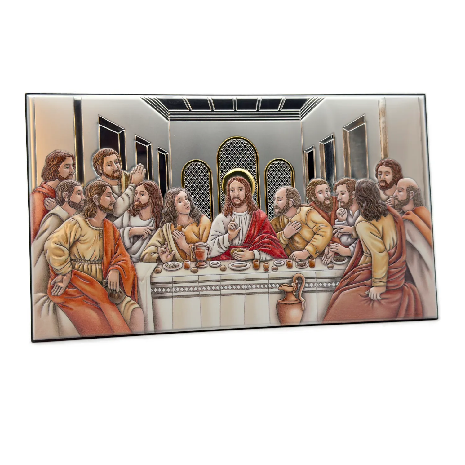 Cadre Bas relief La cène de Léonard de Vinci - Couleur mat et Plaqué argent - Bois