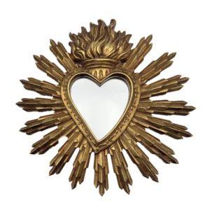 Ex-voto miroir cœur flamboyant doré – Style baroque religieux – 28 cm