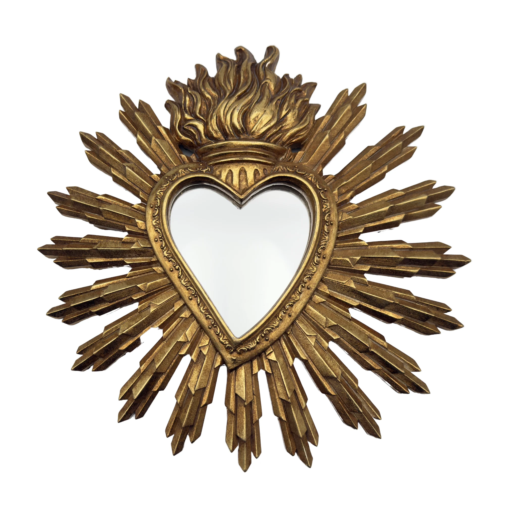 Ex-voto miroir cœur flamboyant doré – Style baroque religieux – 28 cm