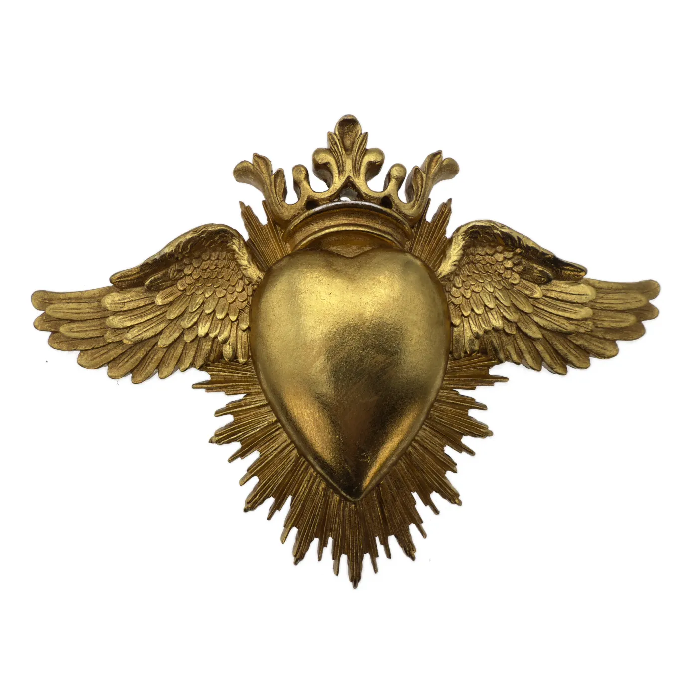 Cœur ex-voto ailé doré et couronné – symbole d’amour et de lumière – 24 cm
