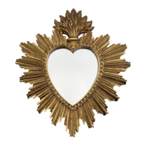 Ex-voto miroir cœur rayonnant doré – Style Sacré-Cœur – 30 cm