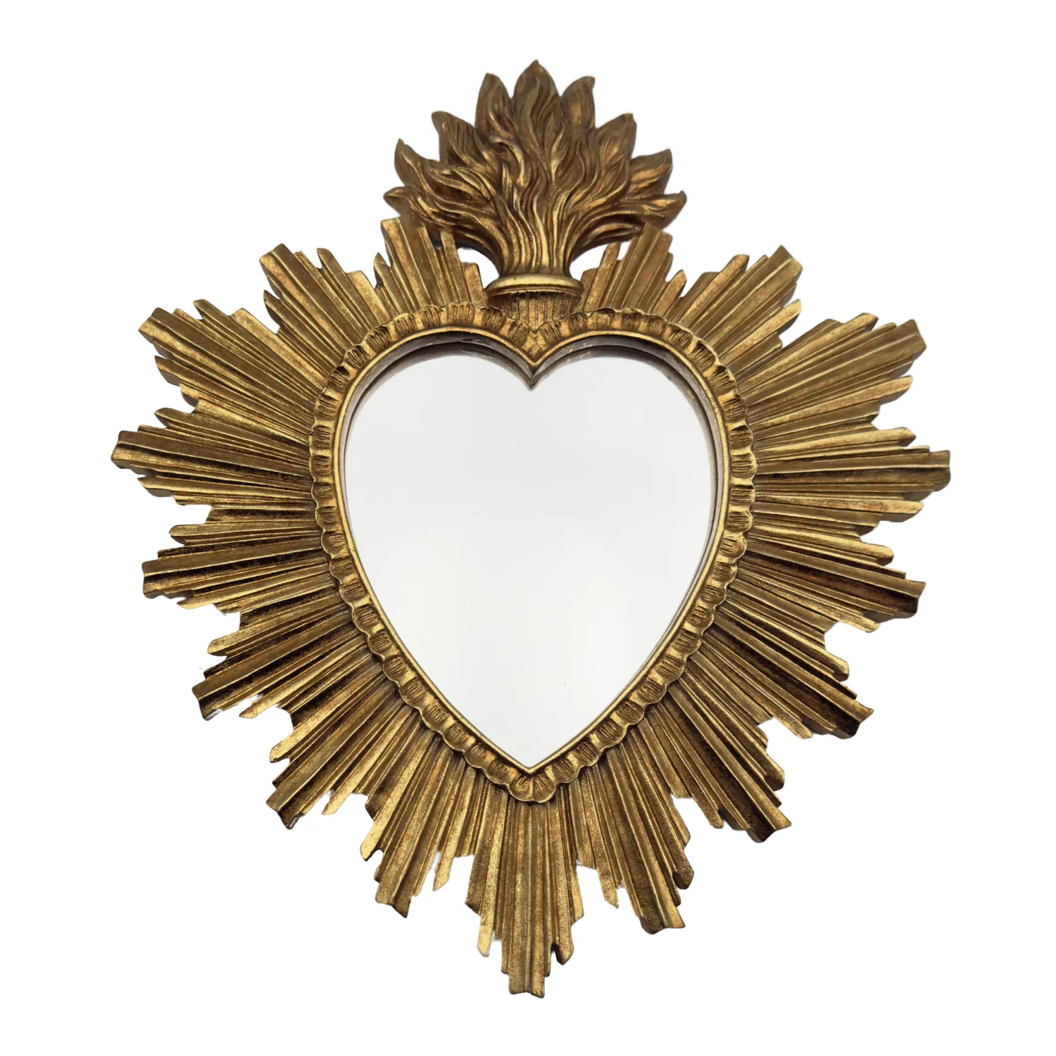 Ex-voto miroir cœur rayonnant doré – Style Sacré-Cœur – 30 cm