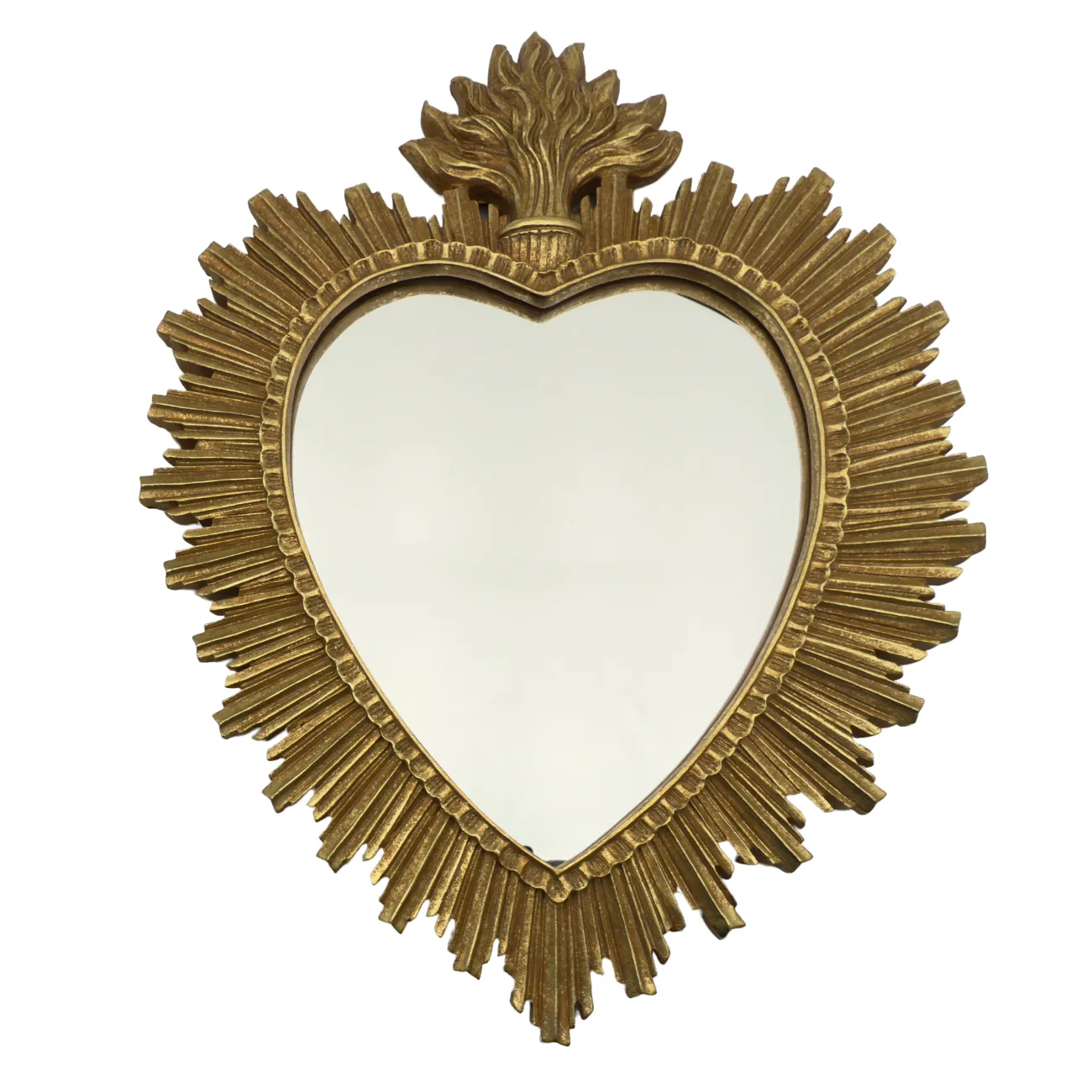 Grand ex-voto miroir cœur flamboyant doré – Style baroque – 39 cm