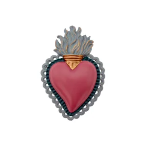 Ex-voto Cœur rose enflammé – contour dentelé – 11 cm