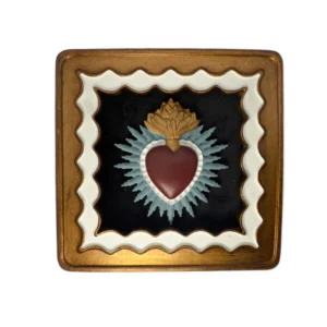 Ex-voto encadré – Cœur enflammé rouge et doré – 14 cm