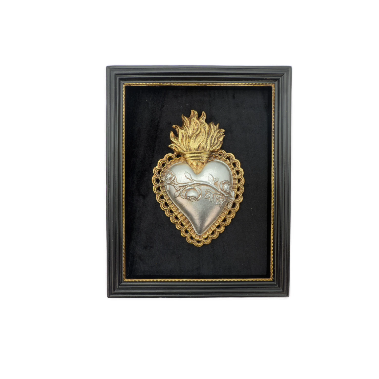 Ex-voto encadré – Cœur argenté et doré sur fond noir – 18 cm