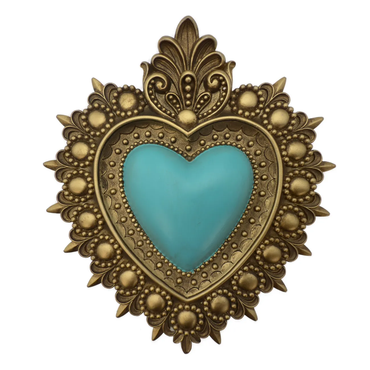 Cœur ex-voto doré et turquoise – décoration murale baroque – 24 cm