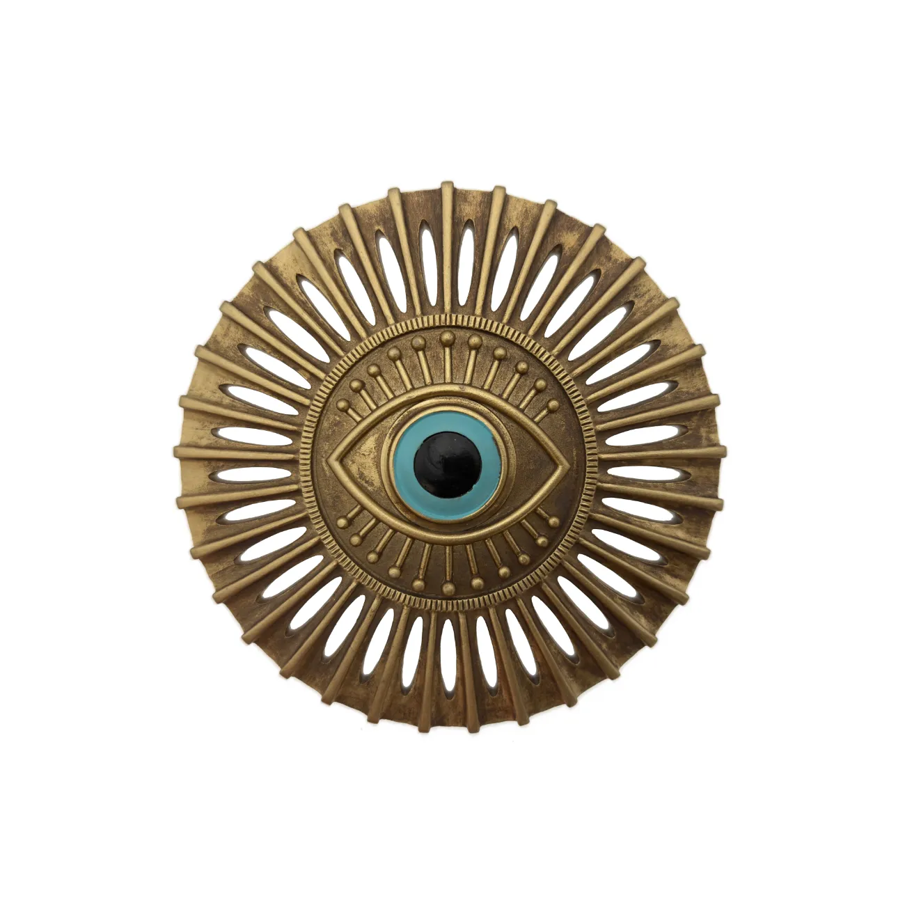 Œil protecteur doré et turquoise mural – symbole solaire – 15 cm
