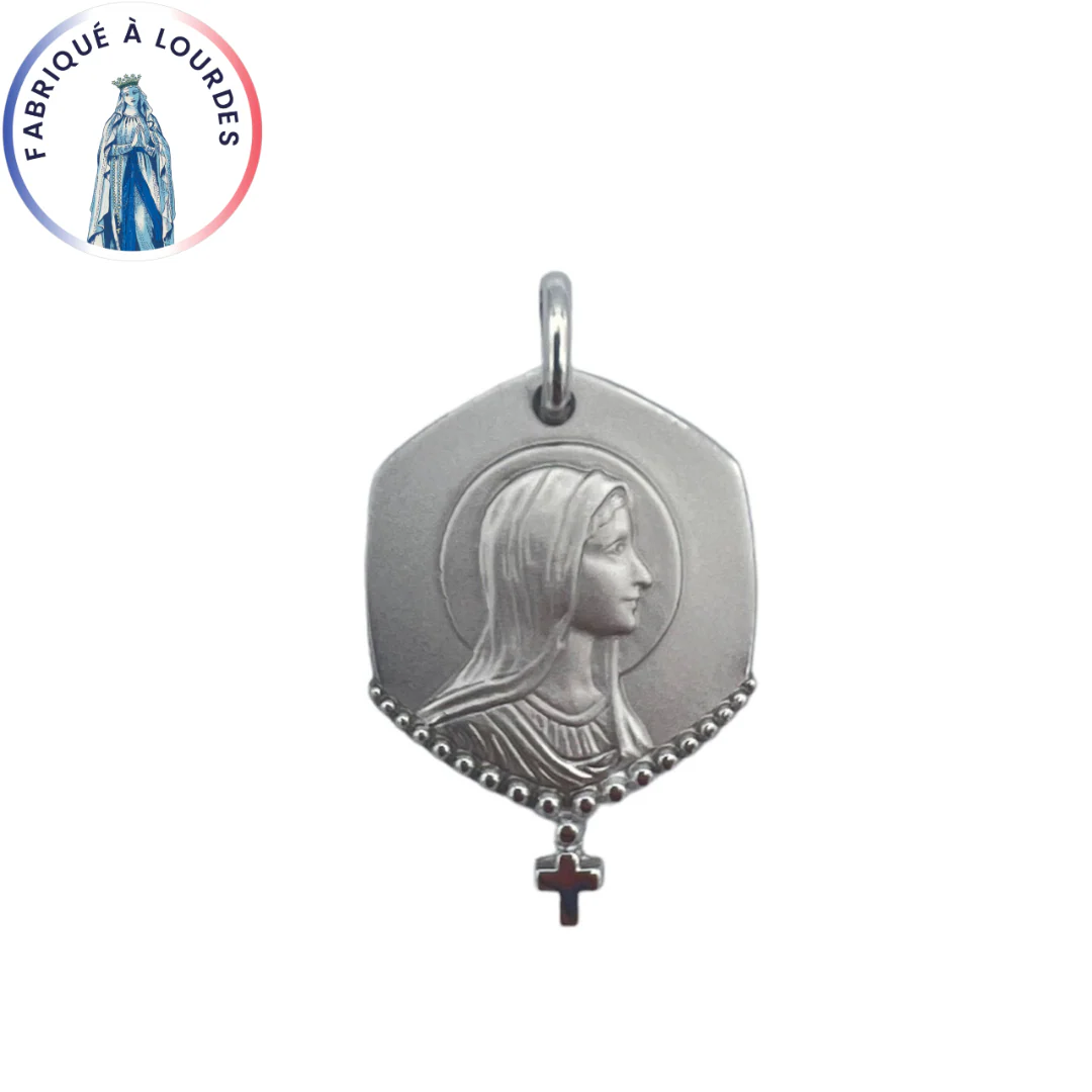 Médaille Vierge Marie argent – avec croix pendante – Fabriquée à Lourdes