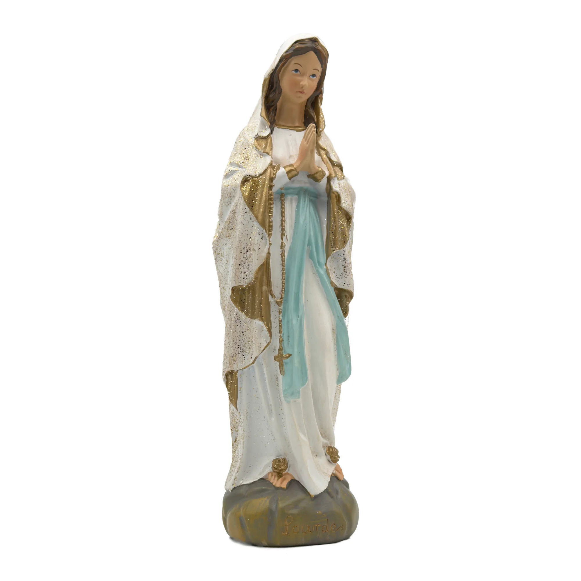 Statue Notre-Dame de Lourdes – Résine pailletée et dorée – Finition élégante