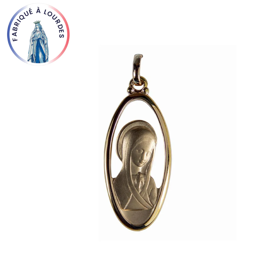 Médaille Vierge Marie ovale ajourée – Plaqué or 3 microns – 30 mm – Fabriquée à Lourdes