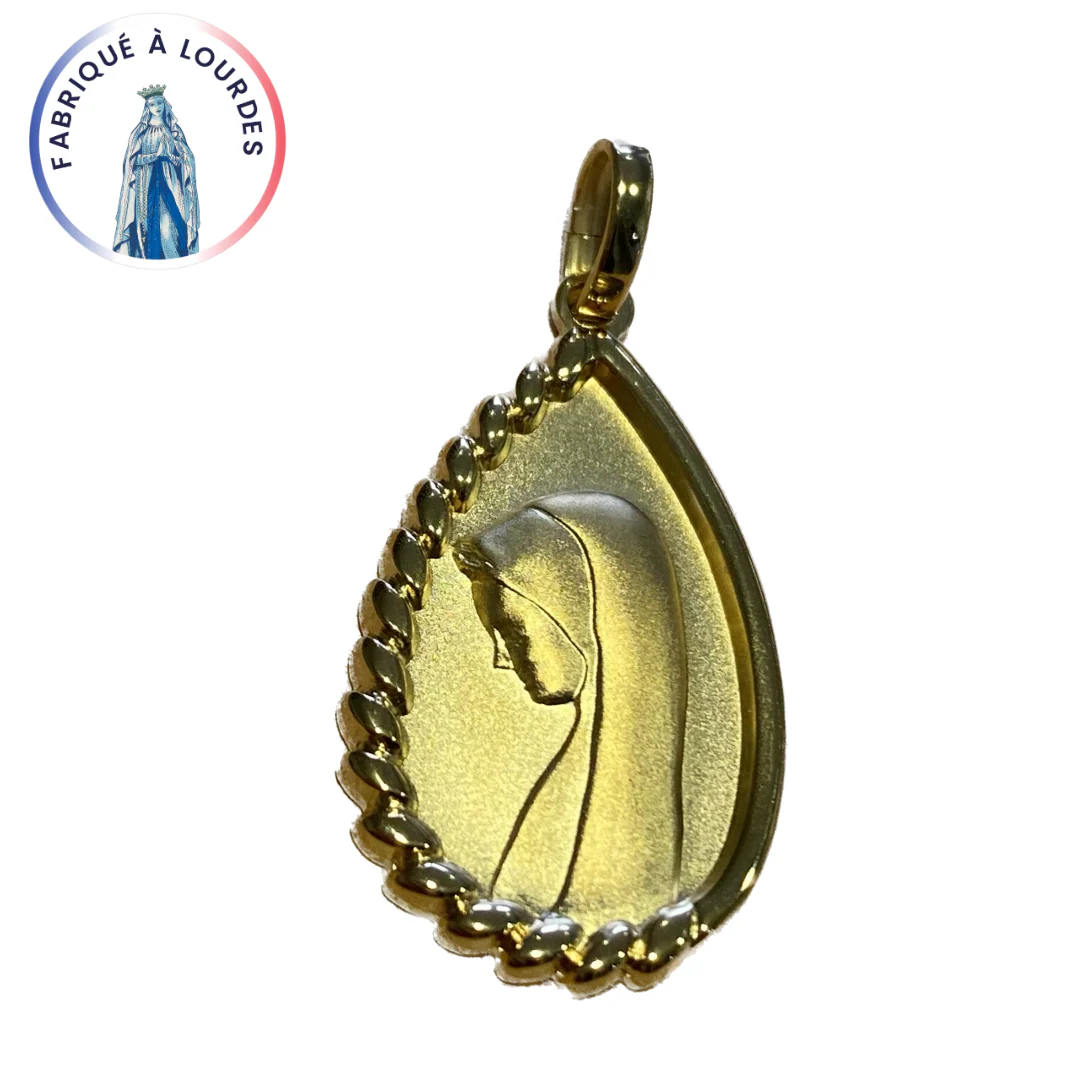 Médaille Vierge Marie – Plaqué or 3 microns – Goutte torsadée 25 mm – Fabriquée à Lourdes