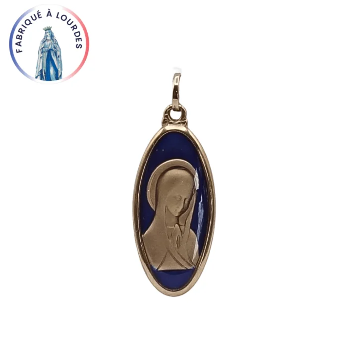 Médaille Vierge Marie ovale – Plaqué or sur fond émaillé bleu
