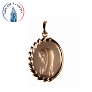 Médaille Vierge Marie profil – Bord feuillage – Plaqué – 25 mm – Fabriquée à Lourdes