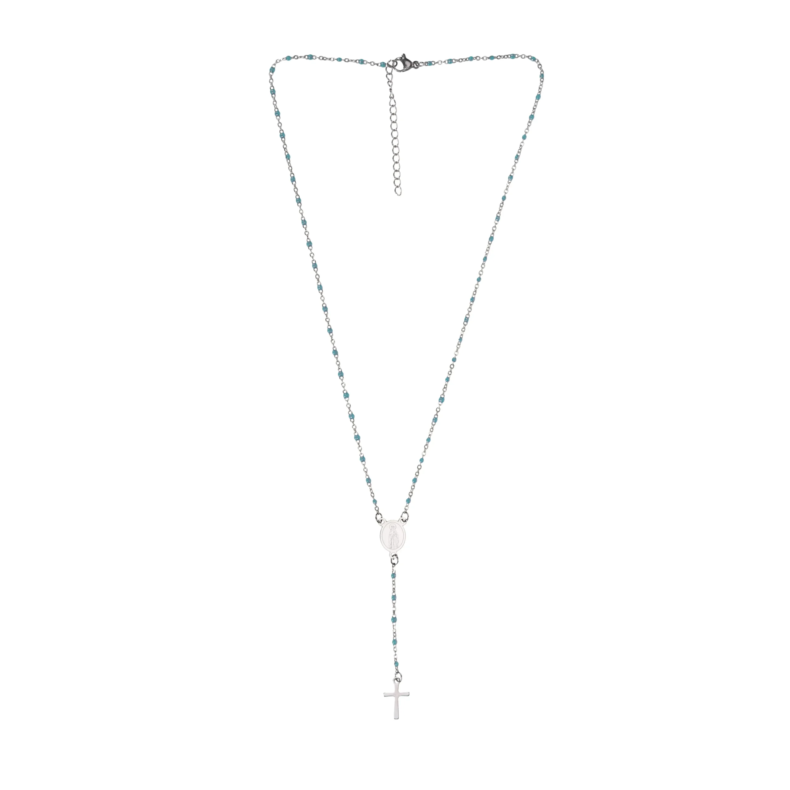 Collier chapelet acier inox perles bleu ciel et médaille miraculeuse