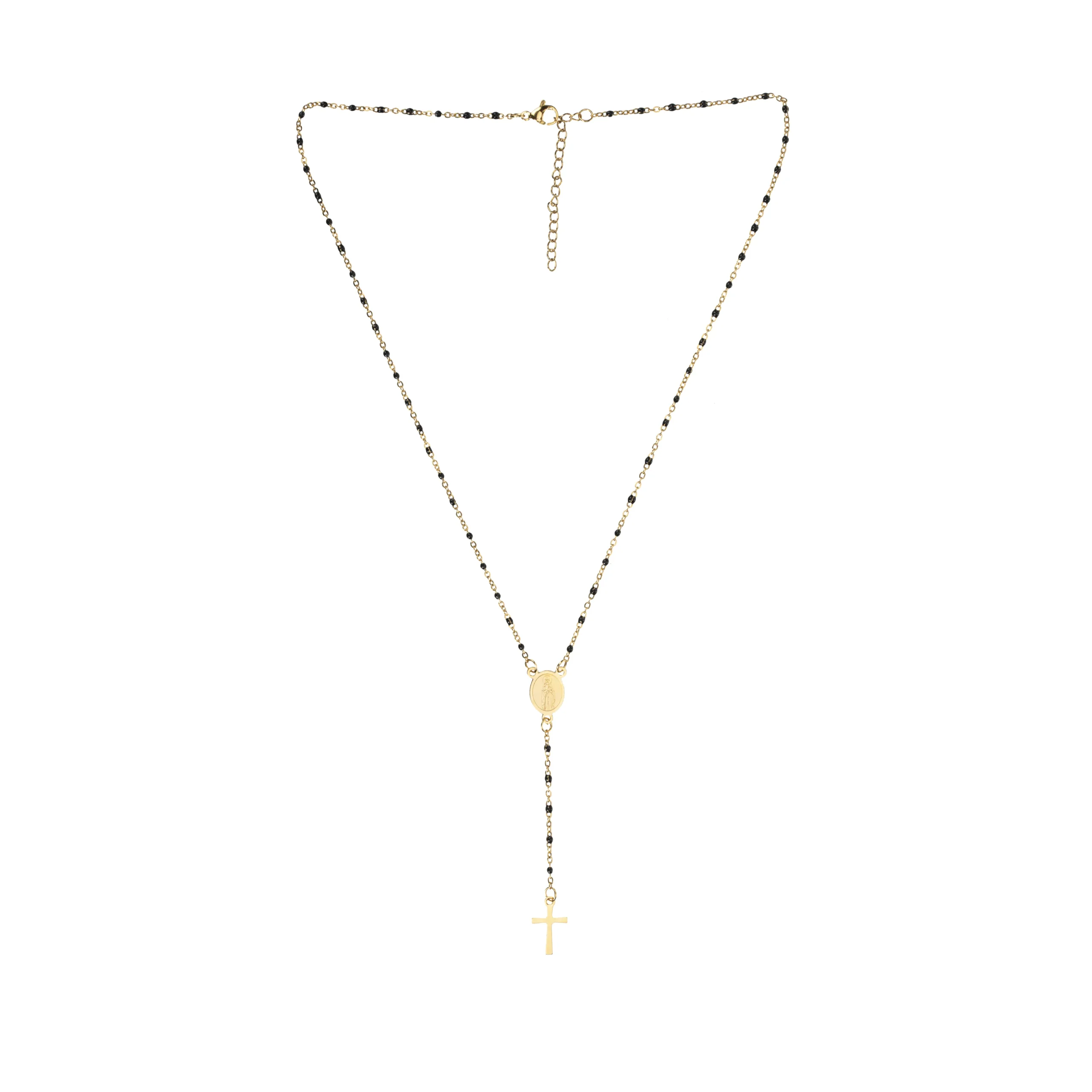 Collier chapelet doré perles noires et médaille miraculeuse