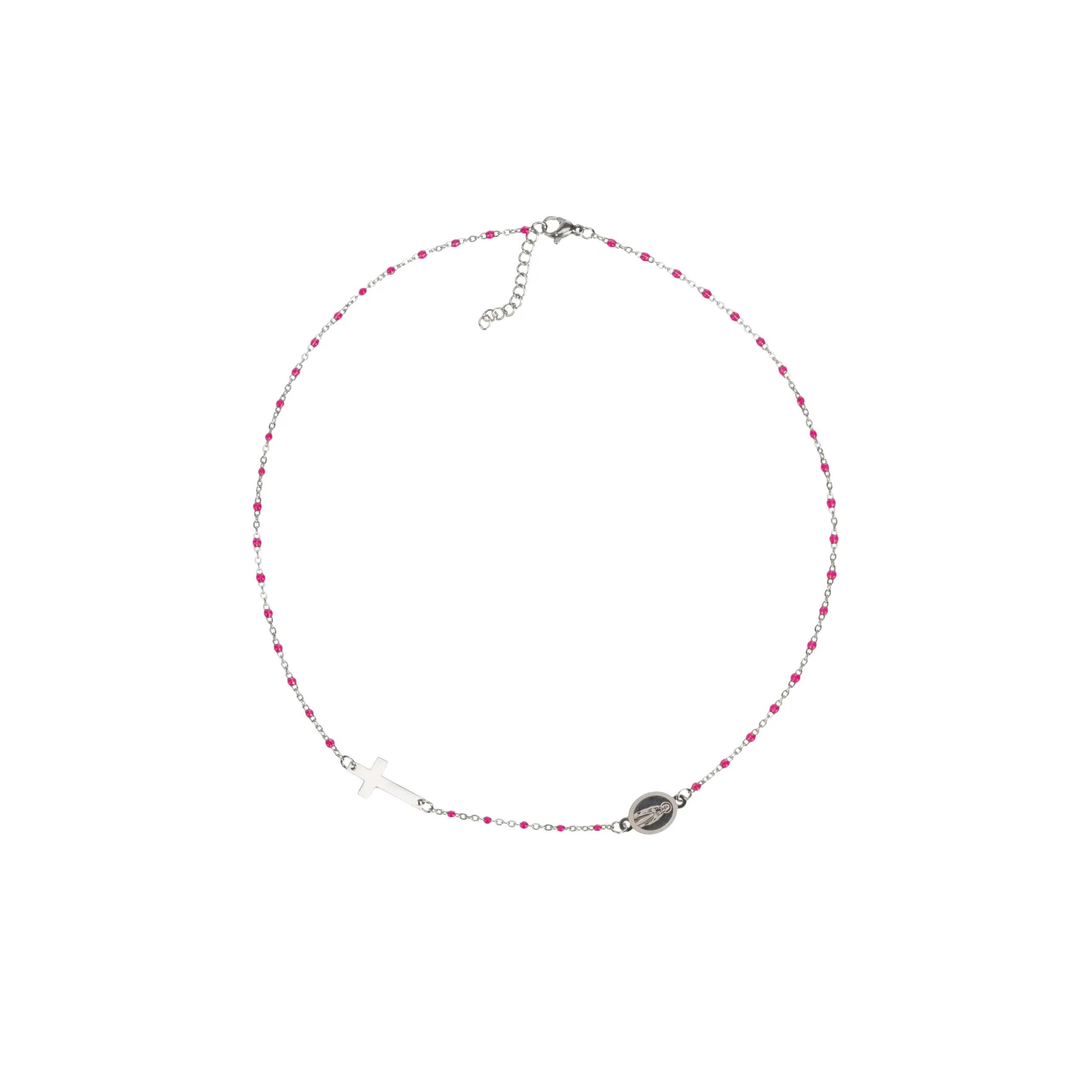 Collier chapelet acier inox perles roses et croix latérale