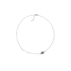 Collier chapelet acier inox perles bleu ciel et croix latérale