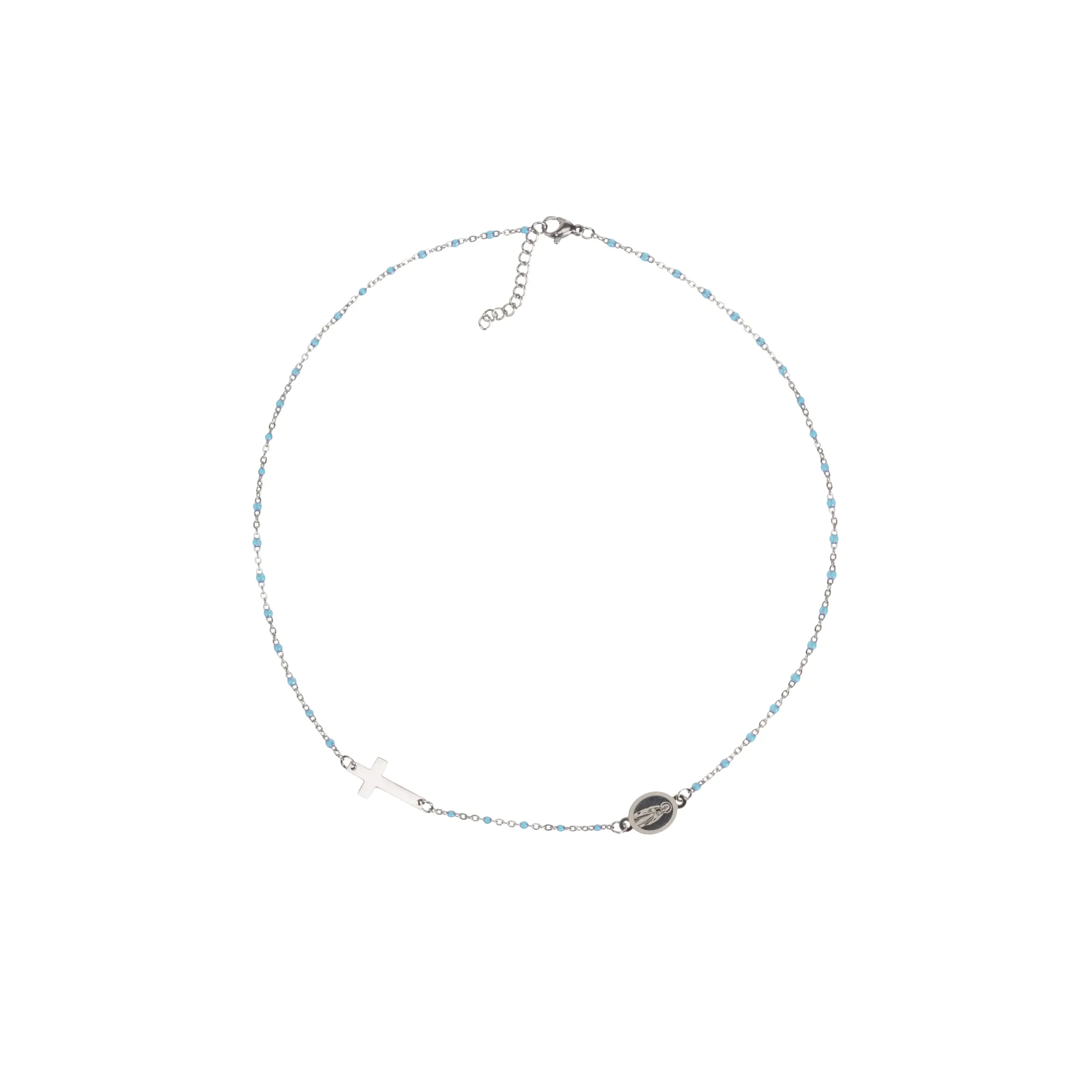 Collier chapelet acier inox perles bleu ciel et croix latérale