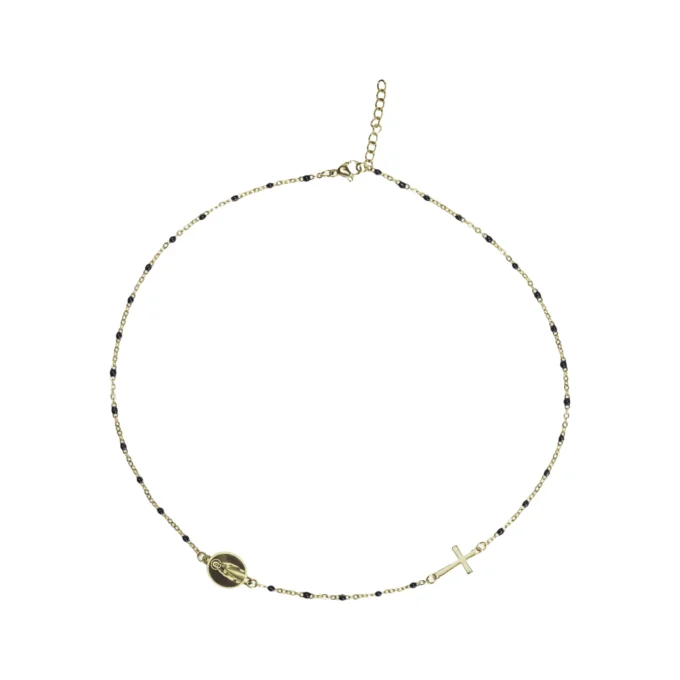 Collier ras-de-cou doré perles noires médaille mariale et croix latérale