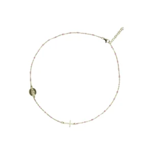 Collier ras-de-cou doré perles roses médaille mariale et croix latérale
