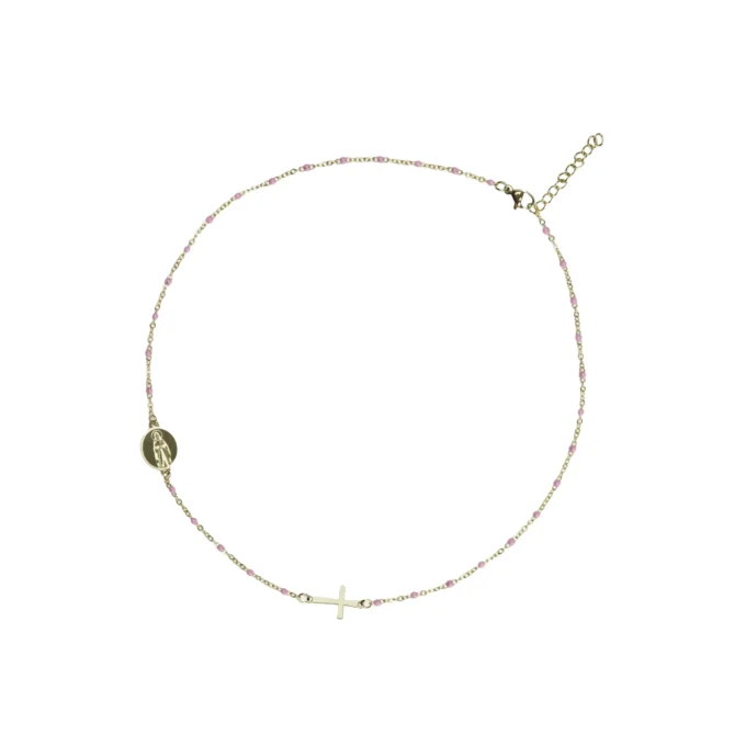 Collier ras-de-cou doré perles roses médaille mariale et croix latérale