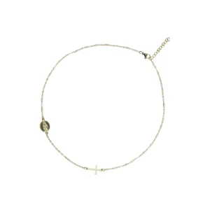 Collier ras-de-cou doré perles nacrées médaille mariale et croix latérale