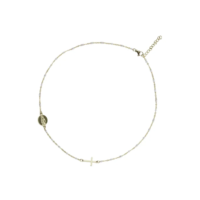 Collier ras-de-cou doré perles nacrées médaille mariale et croix latérale