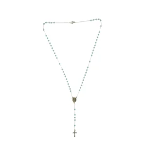 Collier chapelet perles bleu pastel et médaille de la Vierge