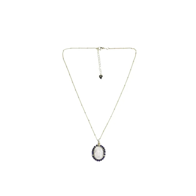 Collier médaille mariale auréolée de perles bleu nuit