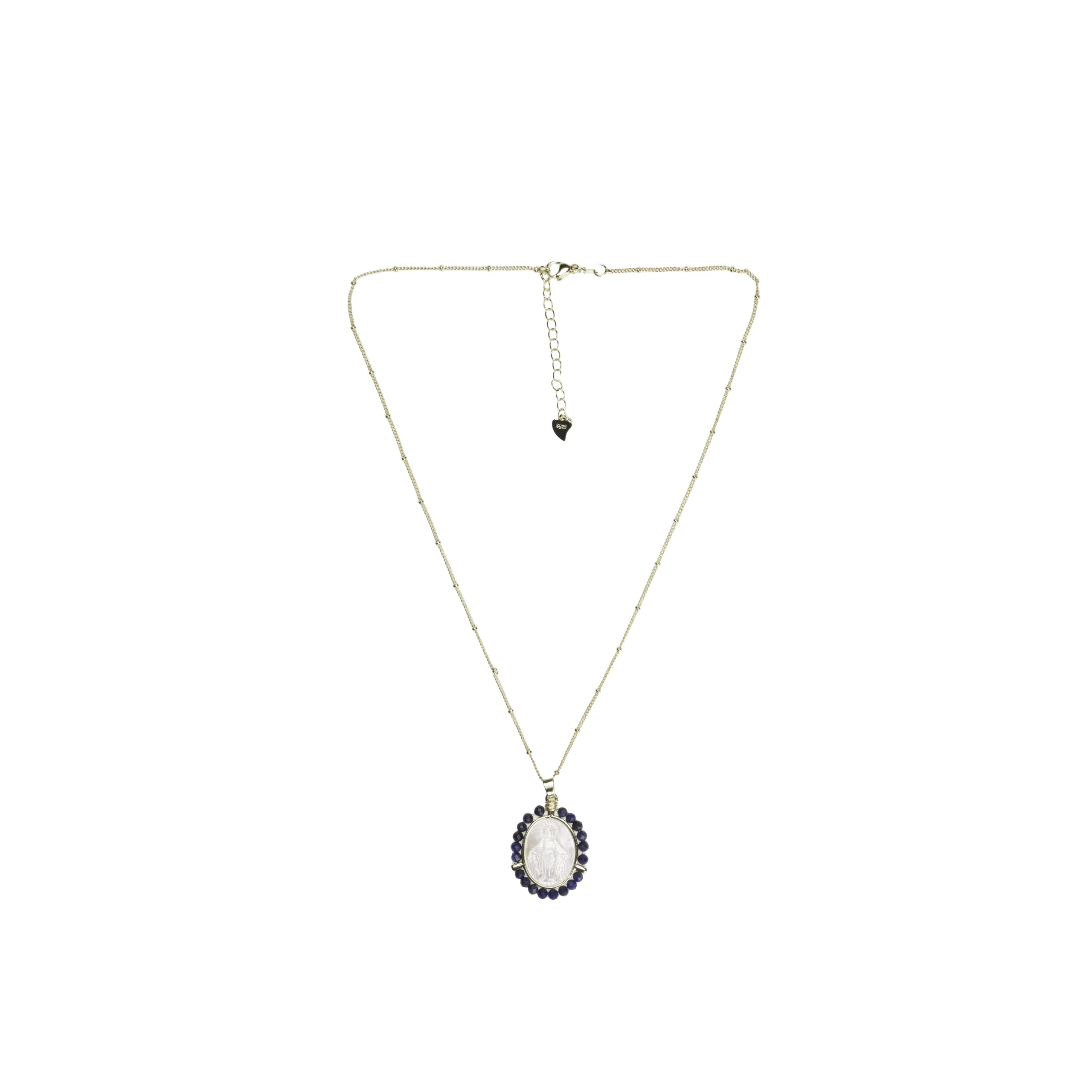 Collier médaille mariale auréolée de perles bleu nuit
