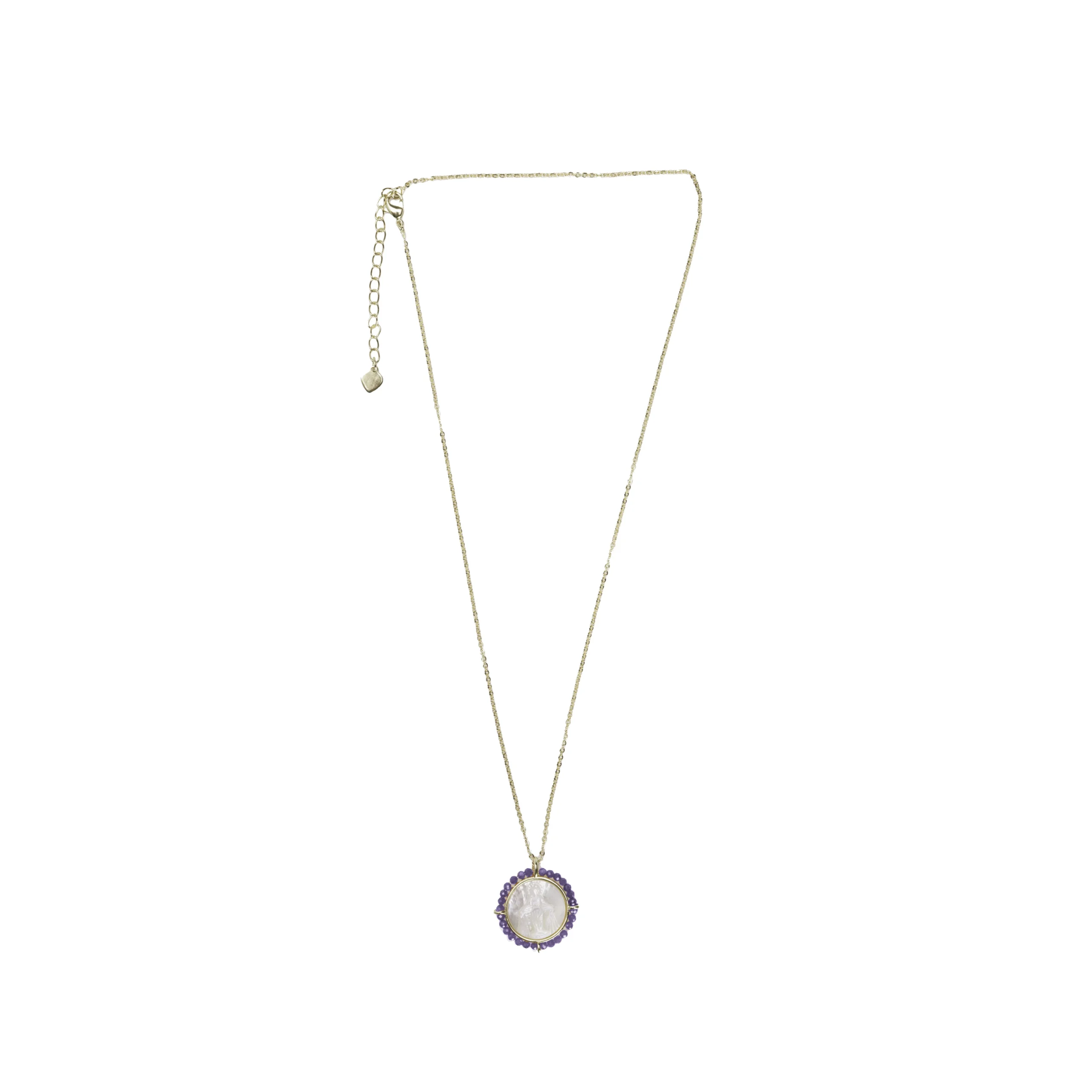 Collier médaille mariale ronde perles violettes