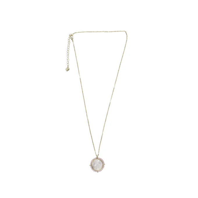 Collier médaille mariale ronde perles roses