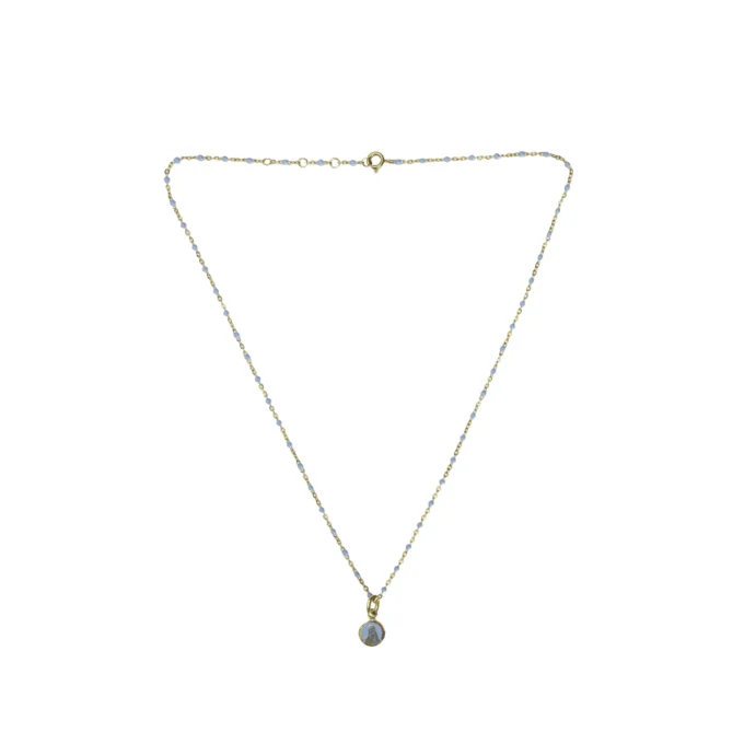 Collier médaille mariale chaîne perlée bleue