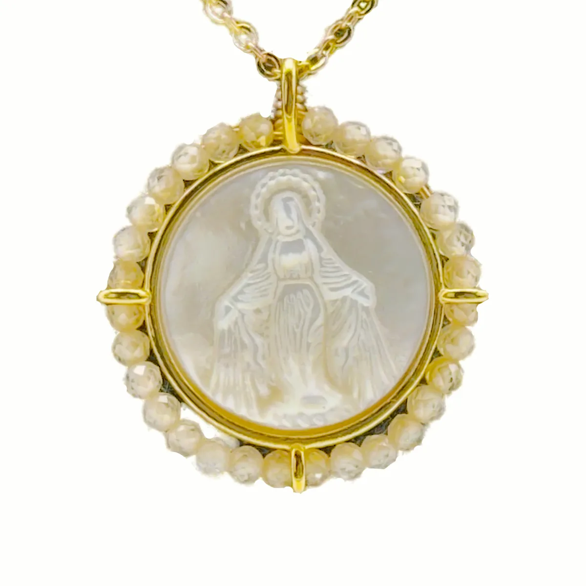 Collier Médaille Vierge Marie sur Nacre et Perles blanches - Collection Léo & Géo