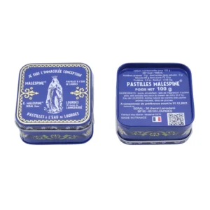 Boite carrée en métal de pastilles Malespine® à l'eau de Lourdes,100 gr